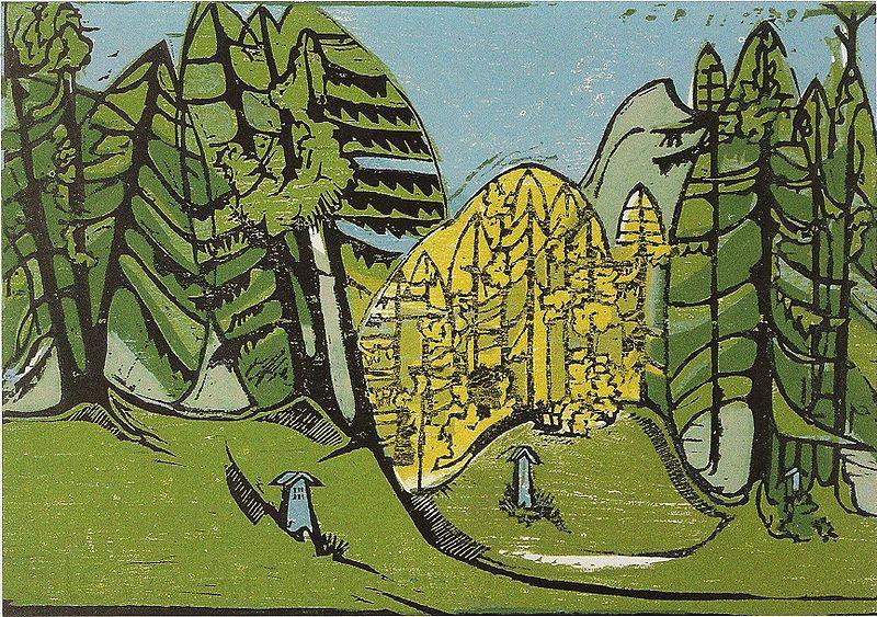 Ernst Ludwig Kirchner Forest-cemetery - Colour-wood-cut - 35 - 50 cm - Kirchner Museum Davos Germany oil painting art